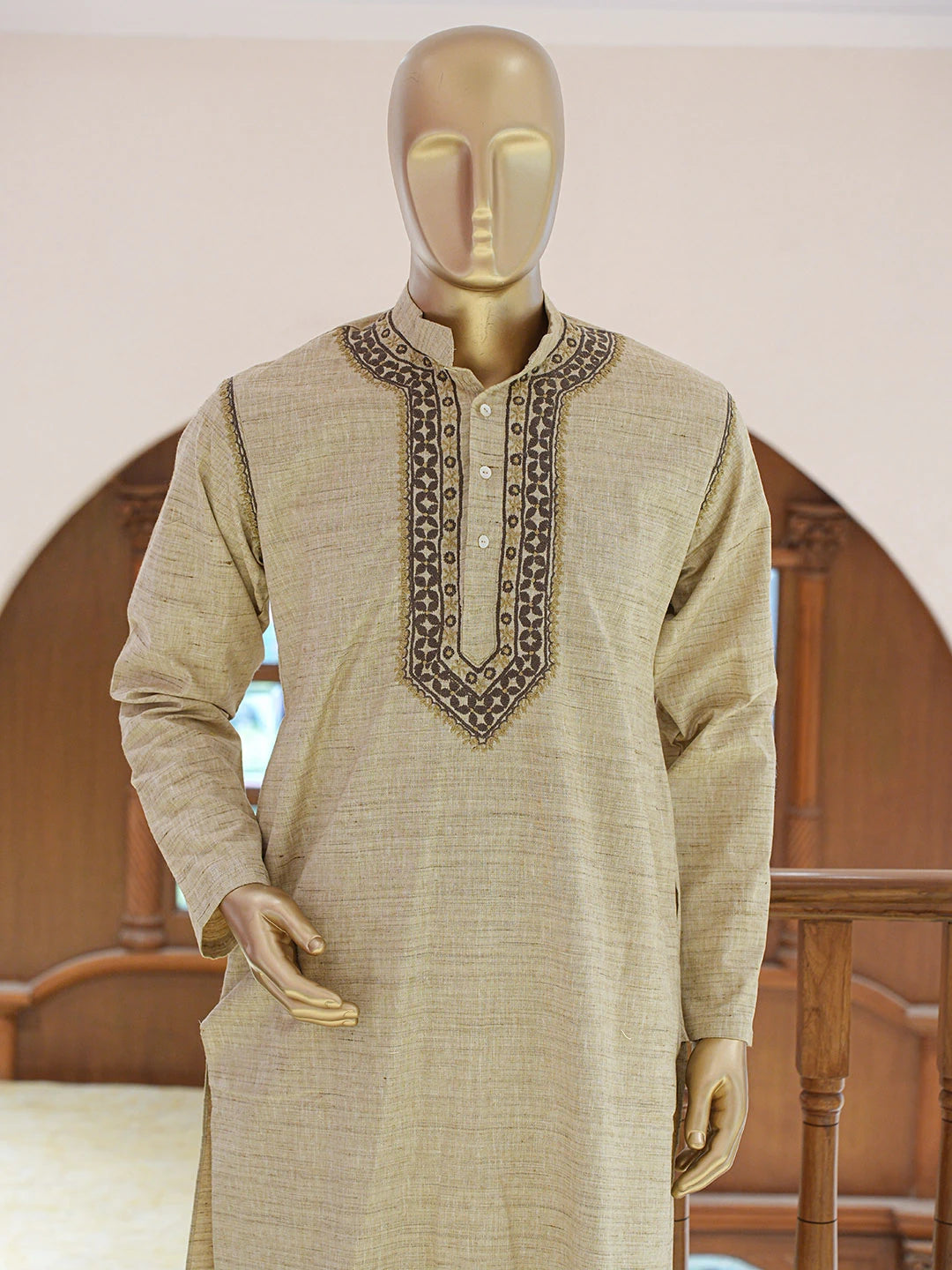 Ada Hand Embroidered Fawn Khadi Cotton Lucknowi Chikankari Stitched Men's Kurta Piece 01A841588