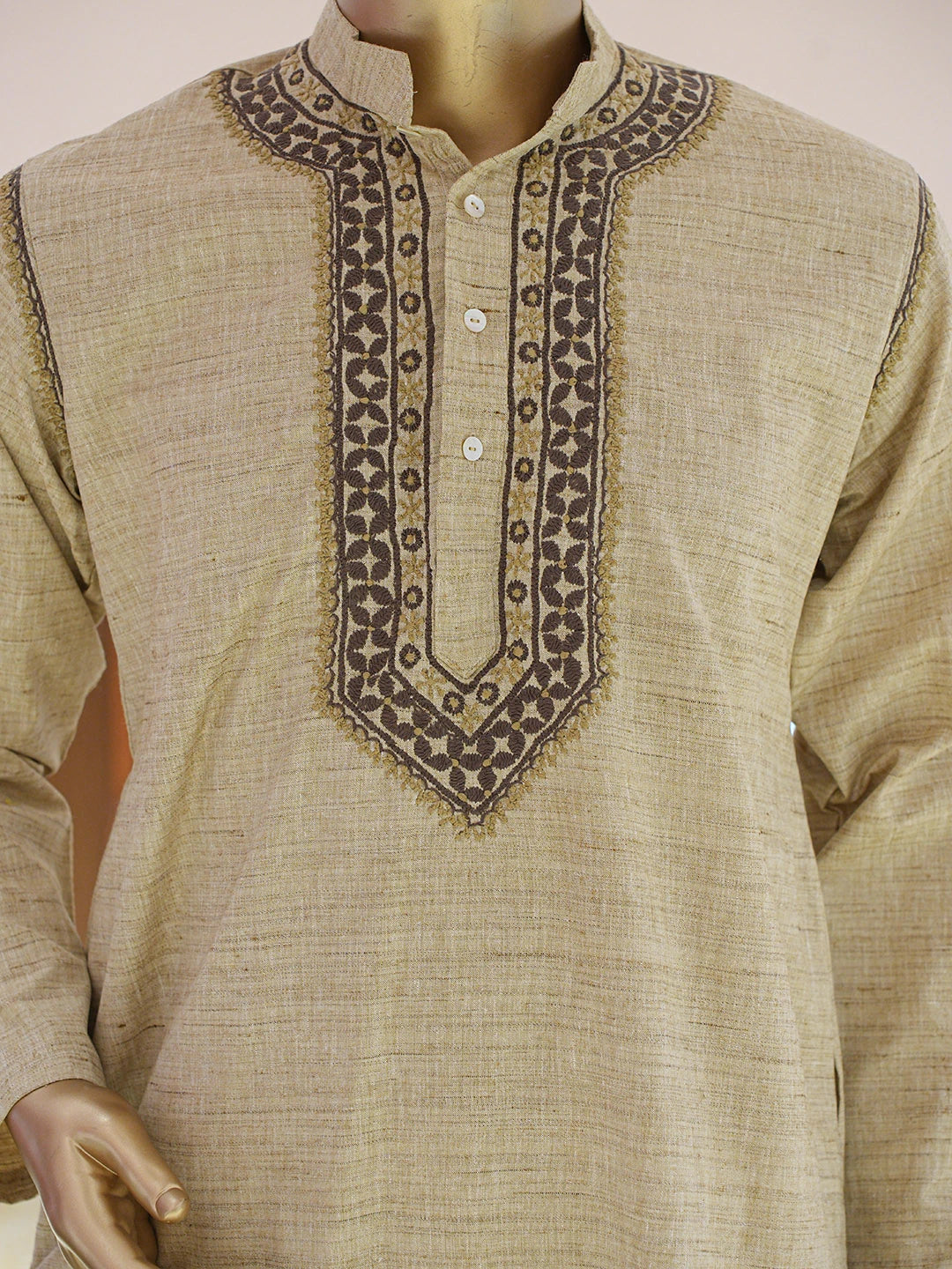 Ada Hand Embroidered Fawn Khadi Cotton Lucknowi Chikankari Stitched Men's Kurta Piece 01A841588