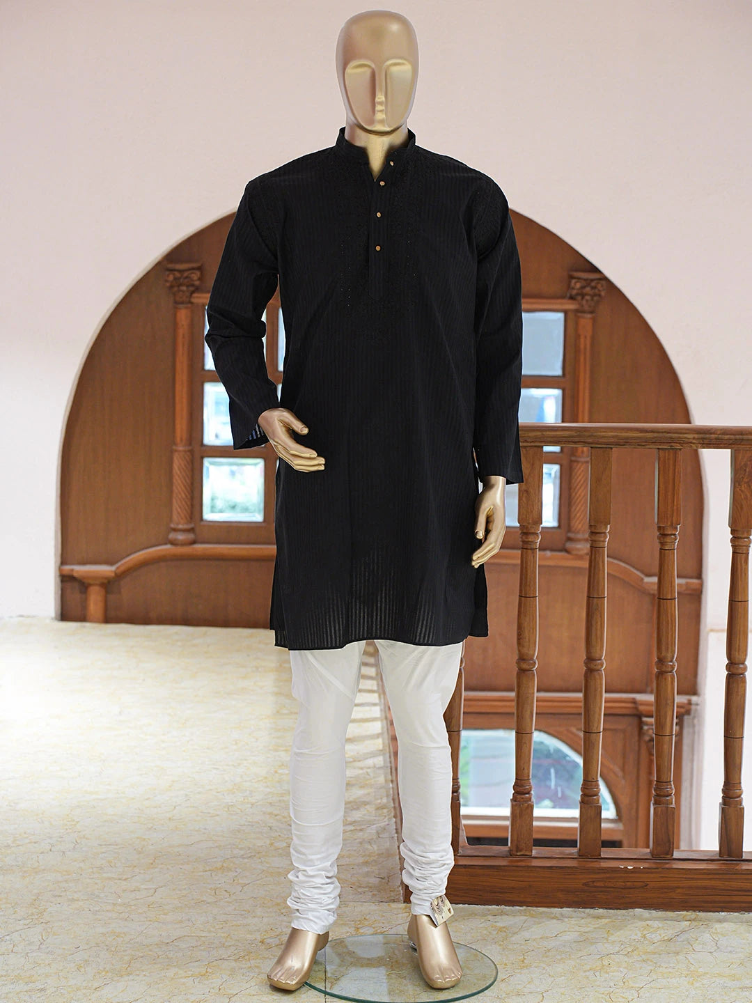 Ada Hand Embroidered Black Cotton Lucknowi Chikankari Stitched Men's Kurta Piece 01A828737