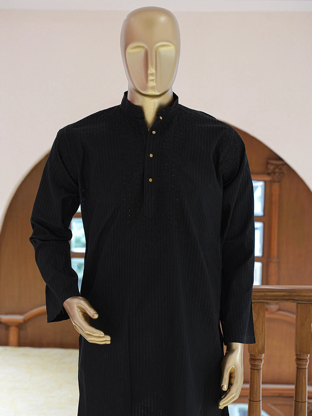 Ada Hand Embroidered Black Cotton Lucknowi Chikankari Stitched Men's Kurta Piece 01A828737
