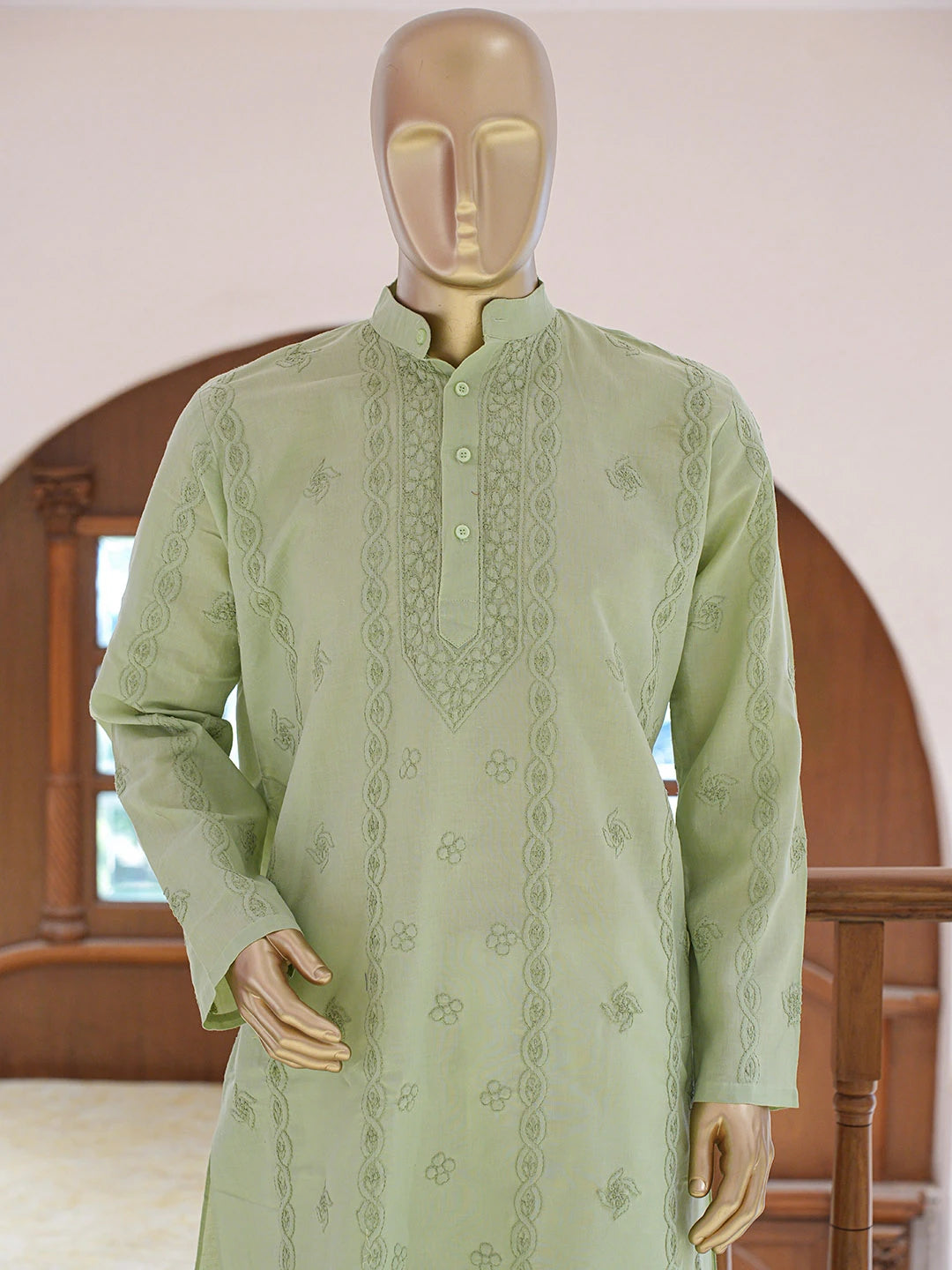 Ada Hand Embroidered Pistachio Green Cotton Lucknowi Chikankari Stitched Men's Kurta Piece 01A848749