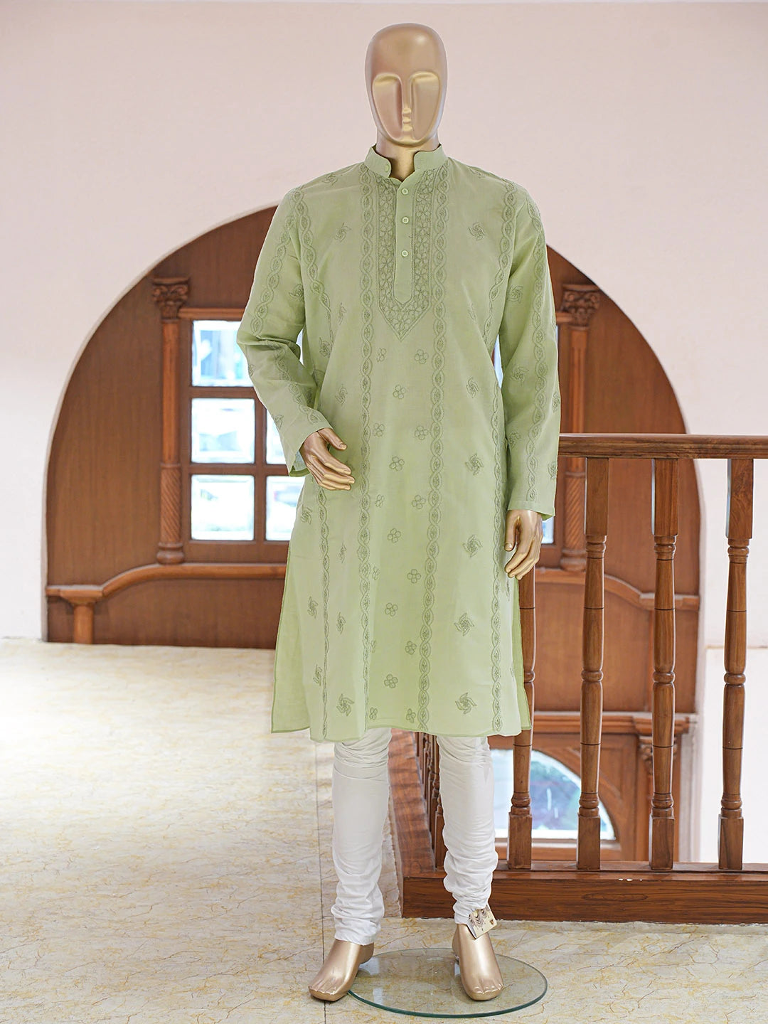 Ada Hand Embroidered Pistachio Green Cotton Lucknowi Chikankari Stitched Men's Kurta Piece 01A848749