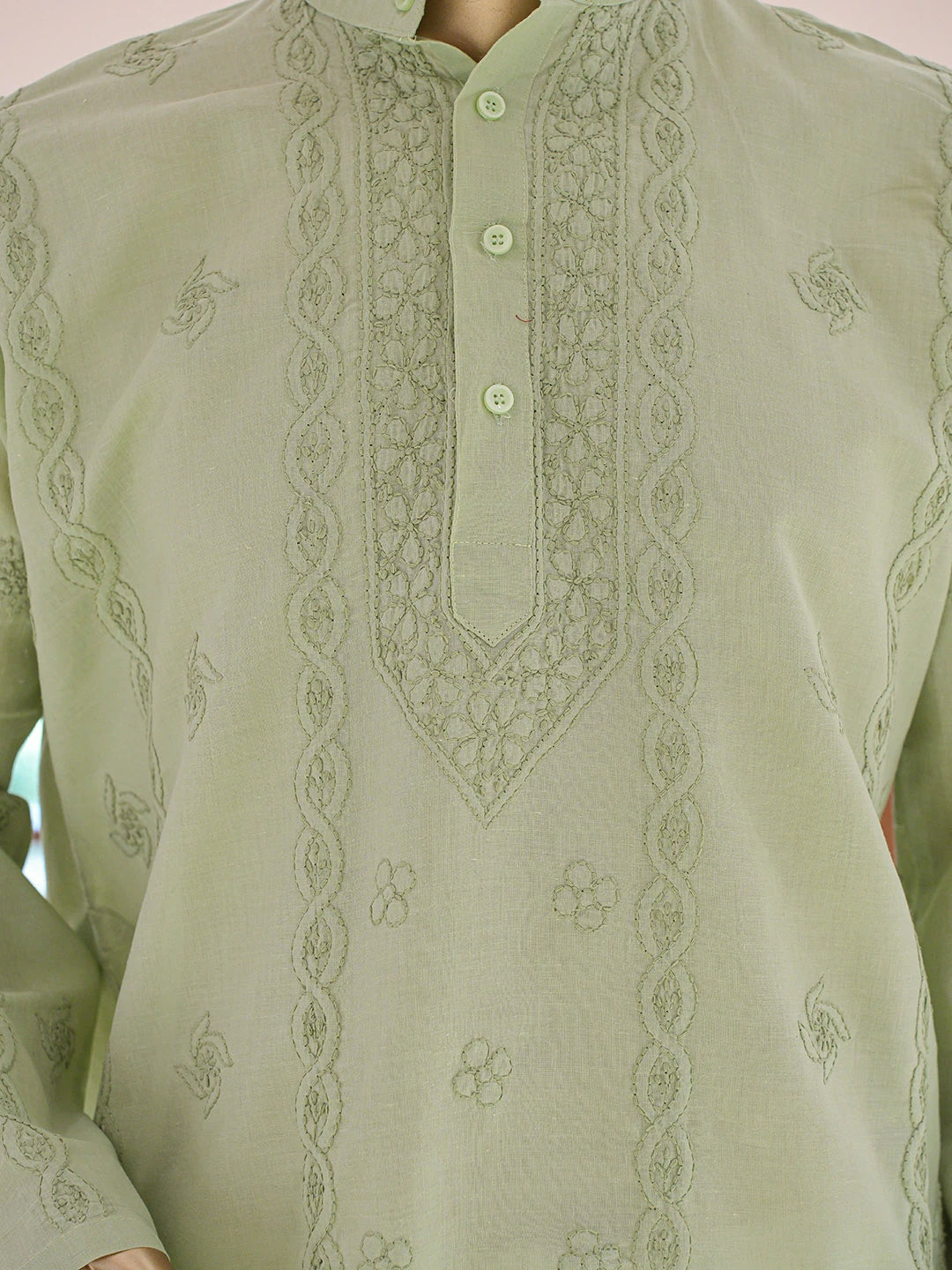 Ada Hand Embroidered Pistachio Green Cotton Lucknowi Chikankari Stitched Men's Kurta Piece 01A848749