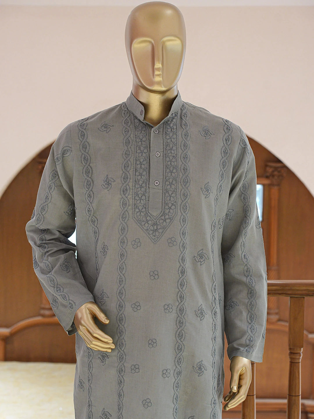 Ada Hand Embroidered Grey Cotton Lucknowi Chikankari Stitched Men's Kurta Piece 01A848719
