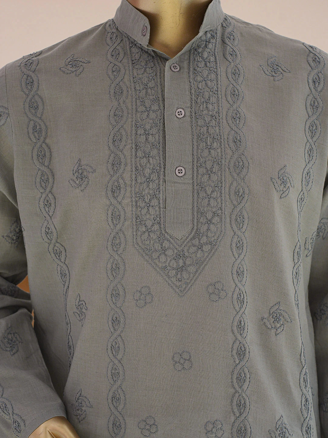 Ada Hand Embroidered Grey Cotton Lucknowi Chikankari Stitched Men's Kurta Piece 01A848719