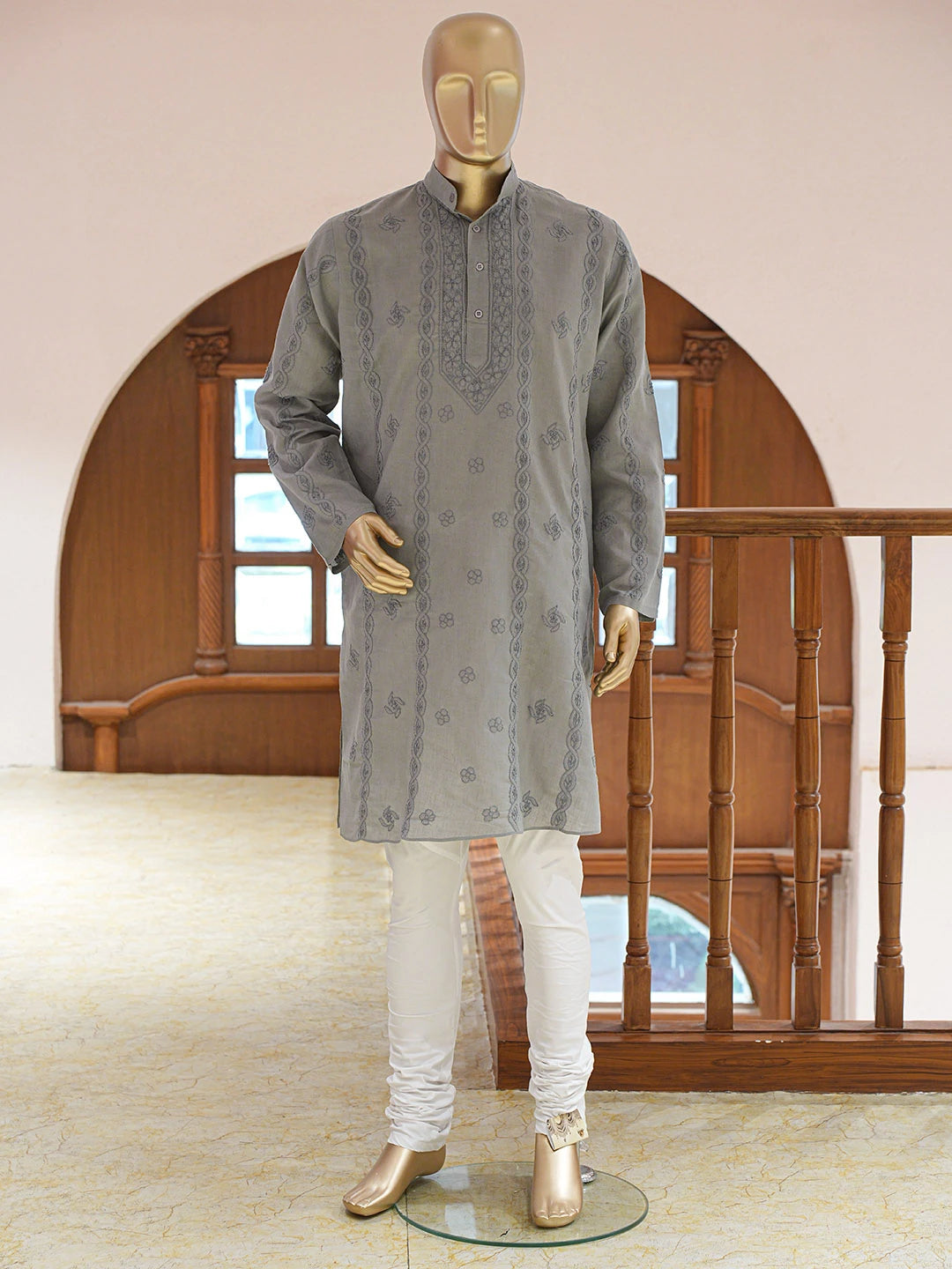 Ada Hand Embroidered Grey Cotton Lucknowi Chikankari Stitched Men's Kurta Piece 01A848719