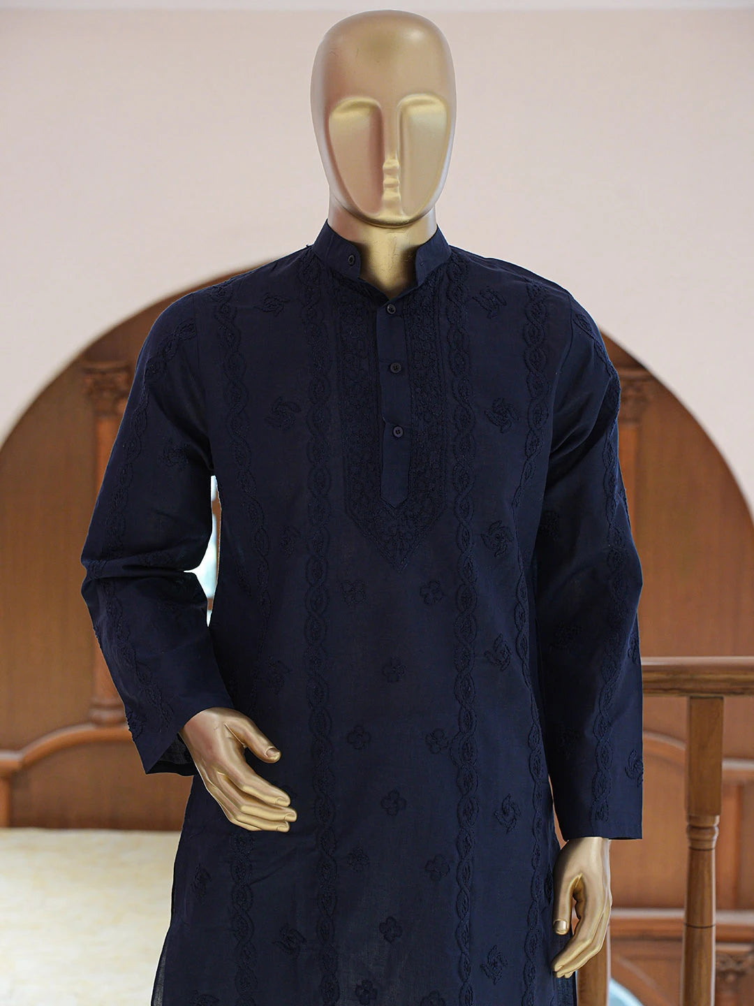 Ada Hand Embroidered Navy Blue Cotton Lucknowi Chikankari Stitched Men's Kurta Piece 01A848729