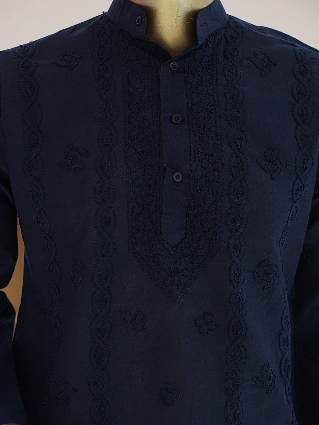 Ada Hand Embroidered Navy Blue Cotton Lucknowi Chikankari Stitched Men's Kurta Piece 01A848729