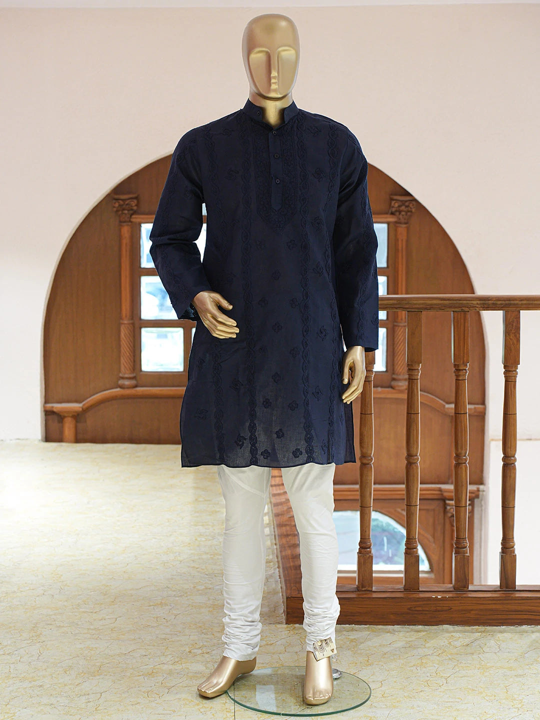 Ada Hand Embroidered Navy Blue Cotton Lucknowi Chikankari Stitched Men's Kurta Piece 01A848729