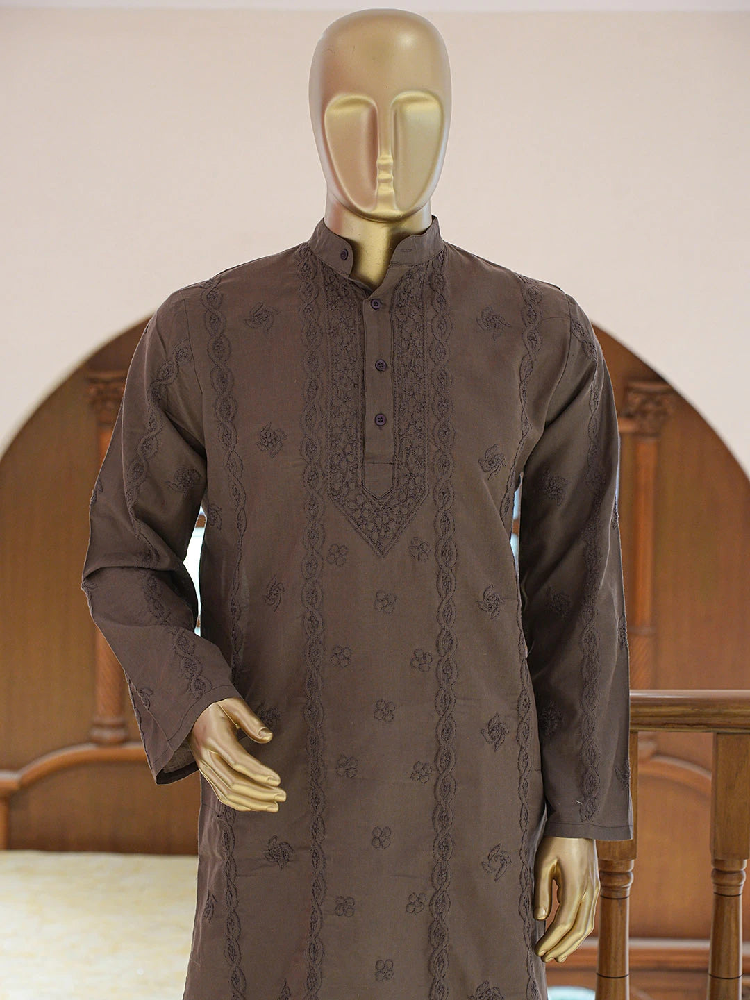 Ada Hand Embroidered Brown Cotton Lucknowi Chikankari Stitched Men's Kurta Piece 01A848744