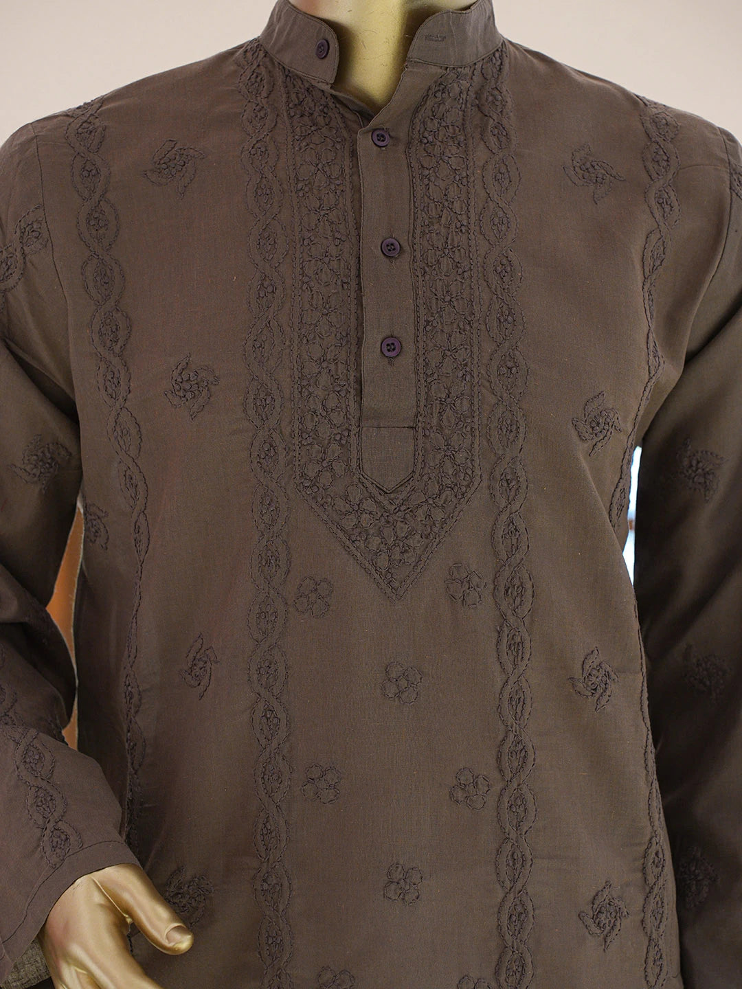 Ada Hand Embroidered Brown Cotton Lucknowi Chikankari Stitched Men's Kurta Piece 01A848744