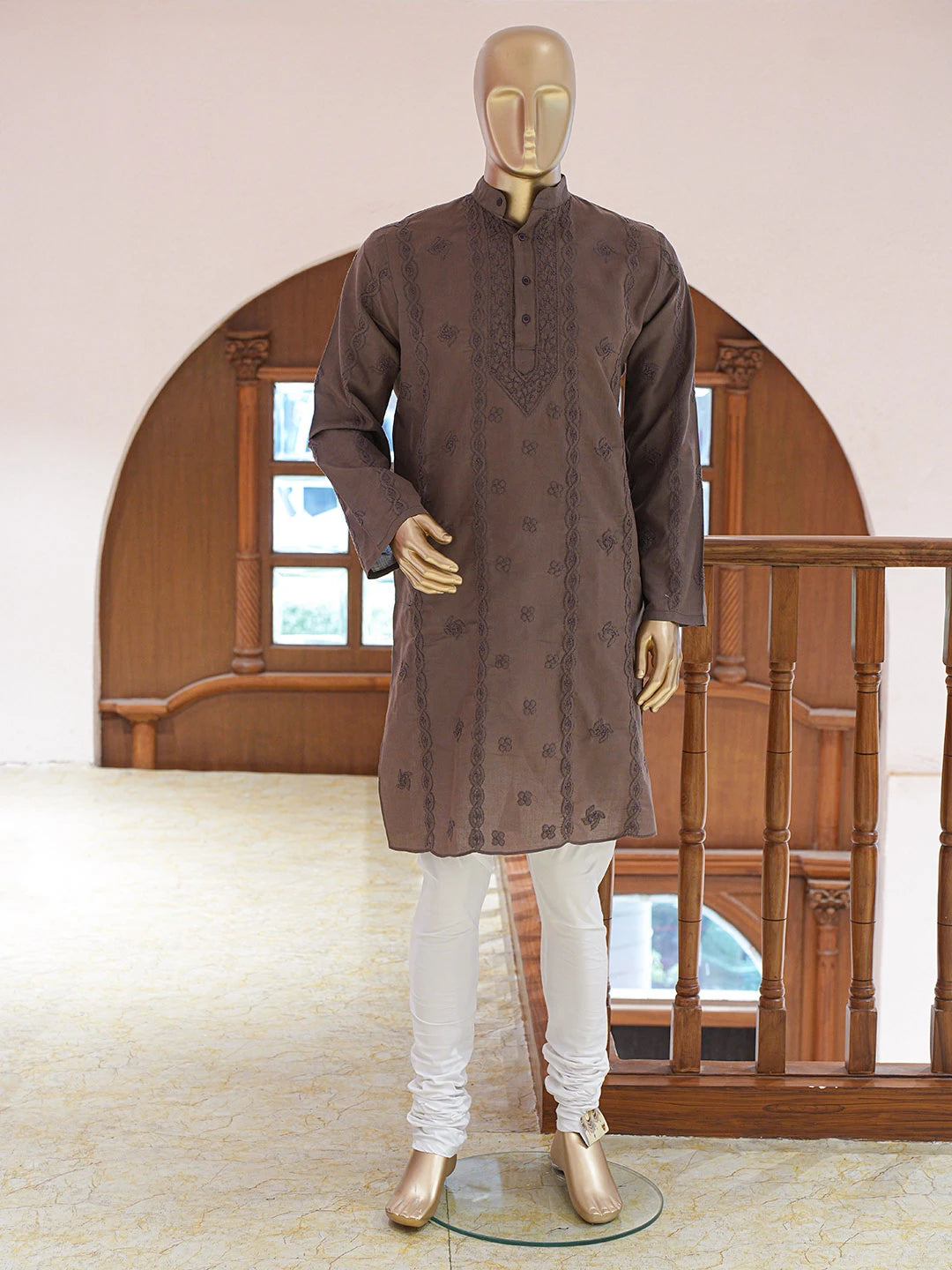 Ada Hand Embroidered Brown Cotton Lucknowi Chikankari Stitched Men's Kurta Piece 01A848744