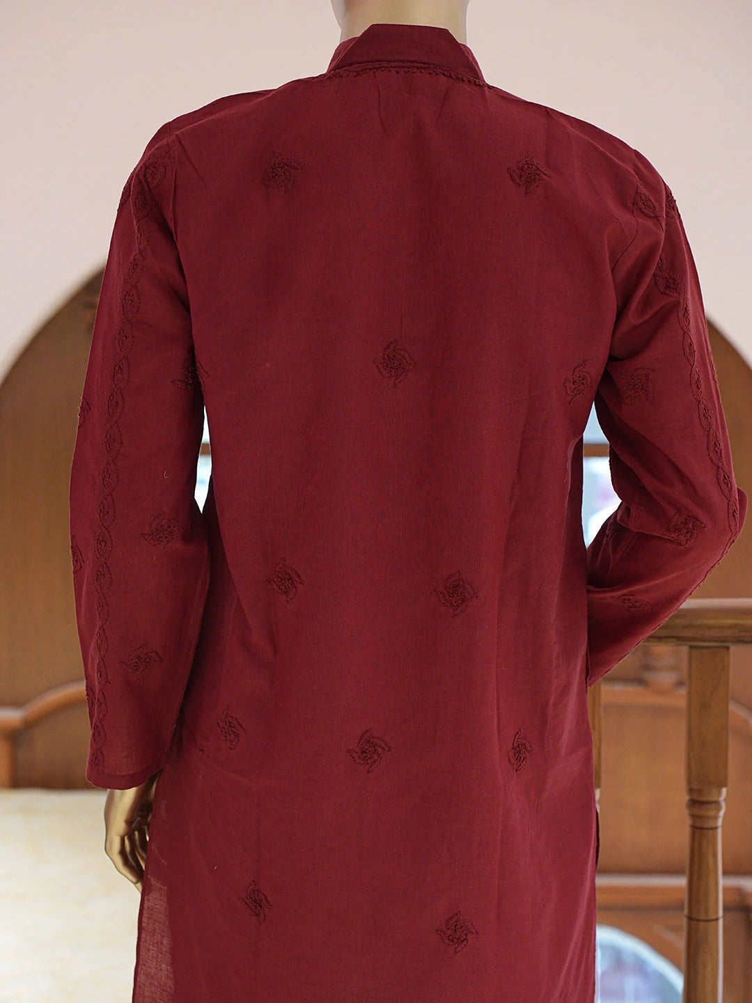 Ada Hand Embroidered Maroon Cotton Lucknowi Chikankari Stitched Men's Kurta Piece 01A848736