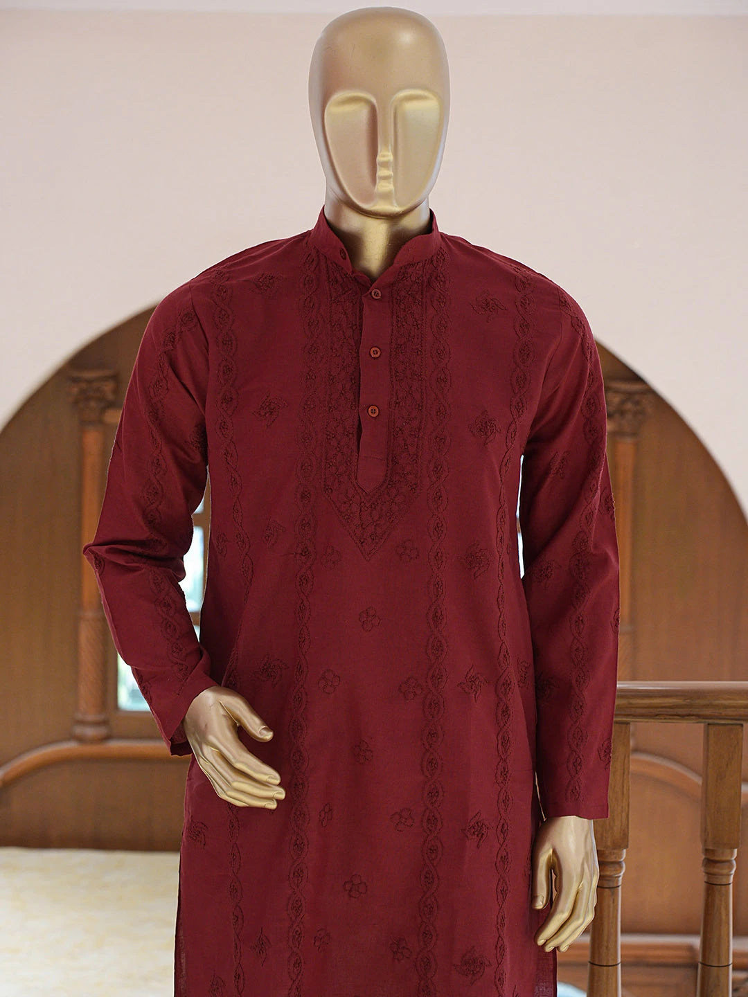 Ada Hand Embroidered Maroon Cotton Lucknowi Chikankari Stitched Men's Kurta Piece 01A848736
