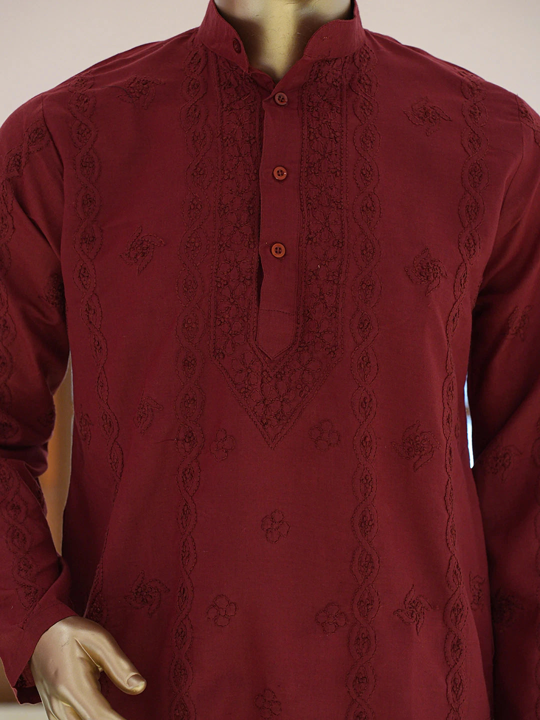 Ada Hand Embroidered Maroon Cotton Lucknowi Chikankari Stitched Men's Kurta Piece 01A848736