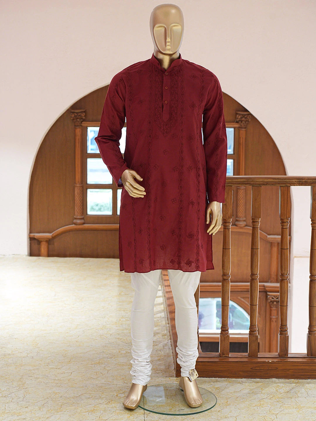 Ada Hand Embroidered Maroon Cotton Lucknowi Chikankari Stitched Men's Kurta Piece 01A848736