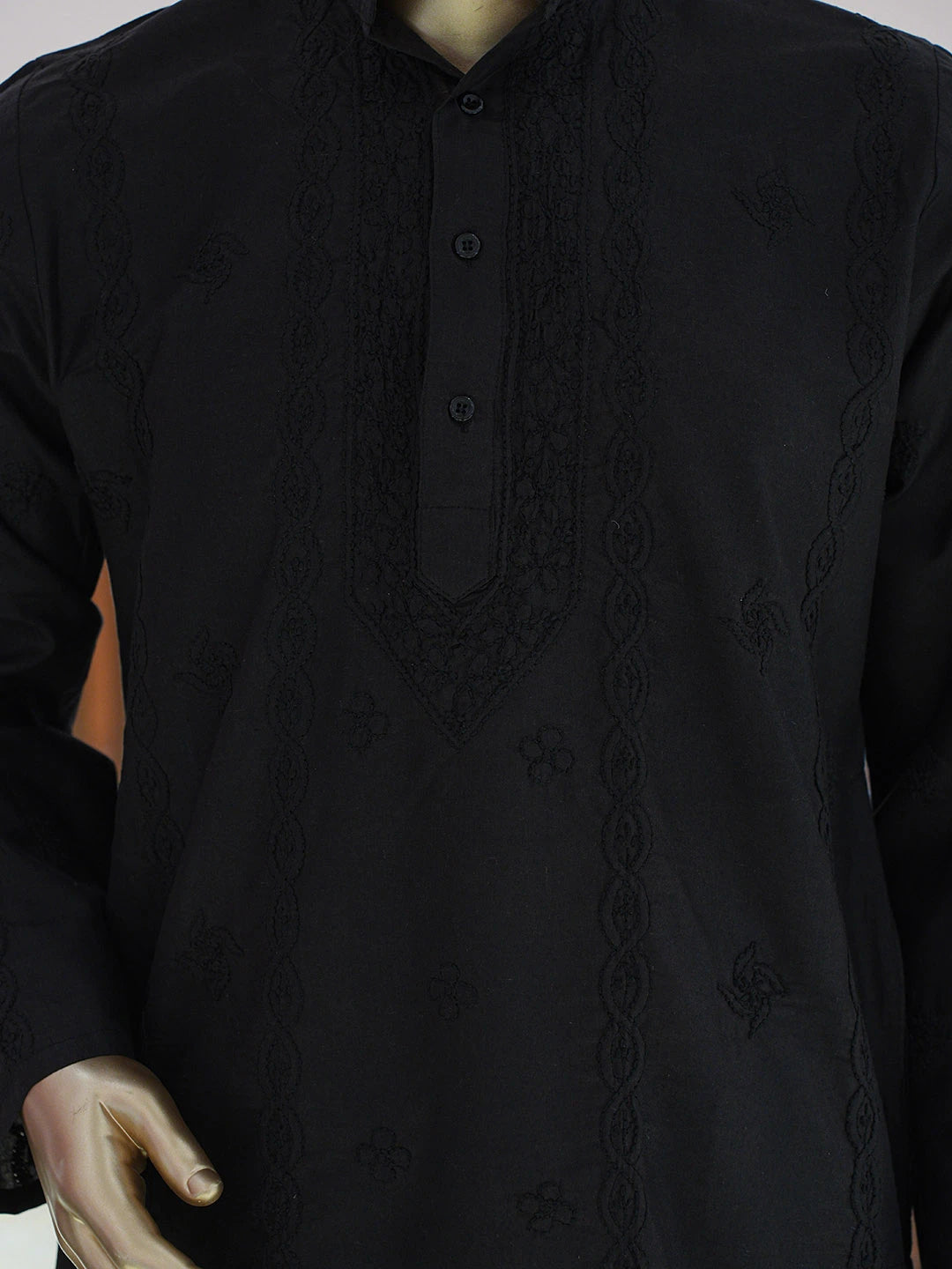 Ada Hand Embroidered Black Cotton Lucknowi Chikankari Stitched Men's Kurta Piece 01A848723