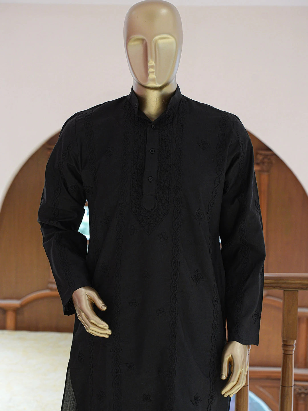 Ada Hand Embroidered Black Cotton Lucknowi Chikankari Stitched Men's Kurta Piece 01A848723