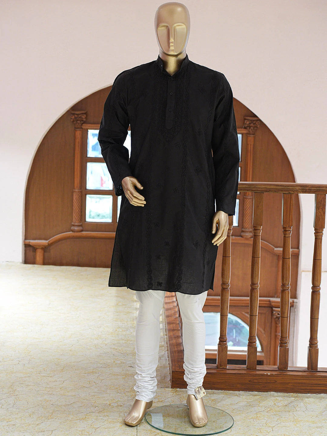 Ada Hand Embroidered Black Cotton Lucknowi Chikankari Stitched Men's Kurta Piece 01A848723