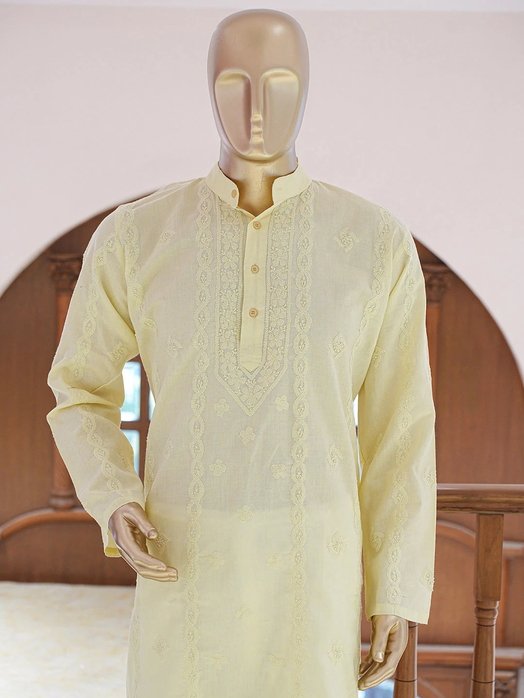 Ada Hand Embroidered Lemon Cotton Lucknowi Chikankari Stitched Men's Kurta Piece 01A848754