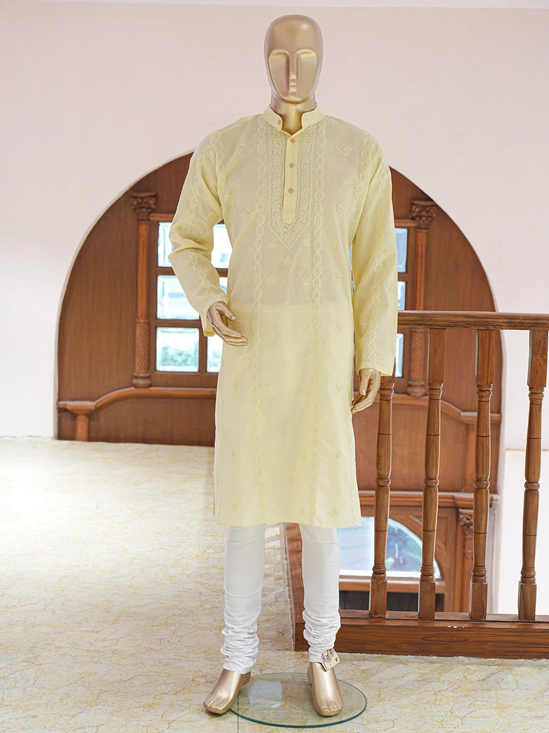 Ada Hand Embroidered Lemon Cotton Lucknowi Chikankari Stitched Men's Kurta Piece 01A848754