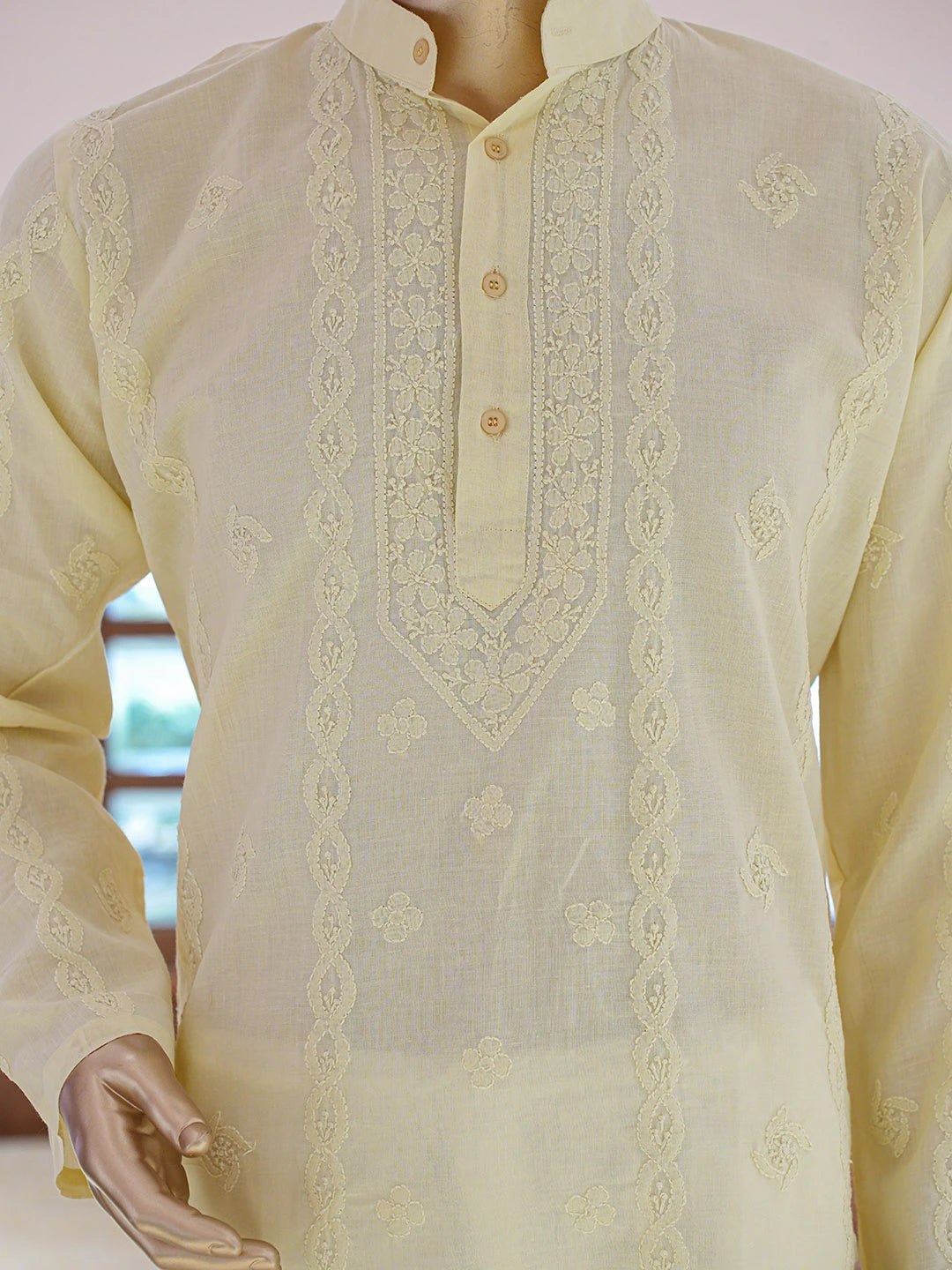 Ada Hand Embroidered Lemon Cotton Lucknowi Chikankari Stitched Men's Kurta Piece 01A848754