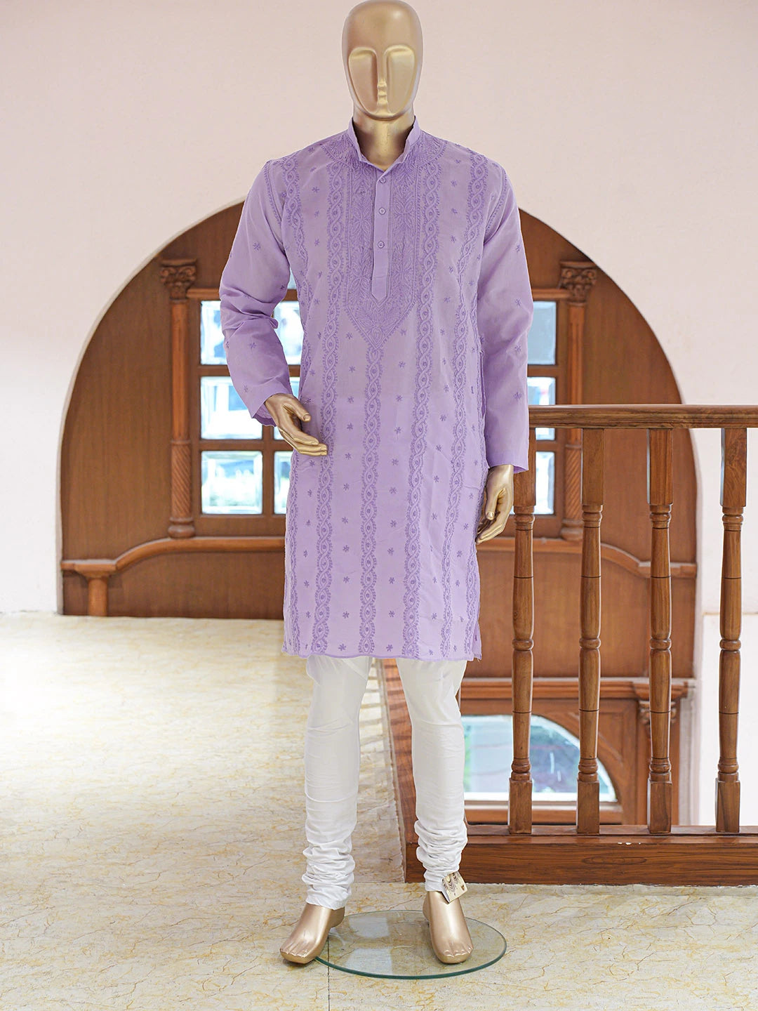 Ada Hand Embroidered Mauve Cotton Lucknowi Chikankari Stitched Men's Kurta Piece 01A835069