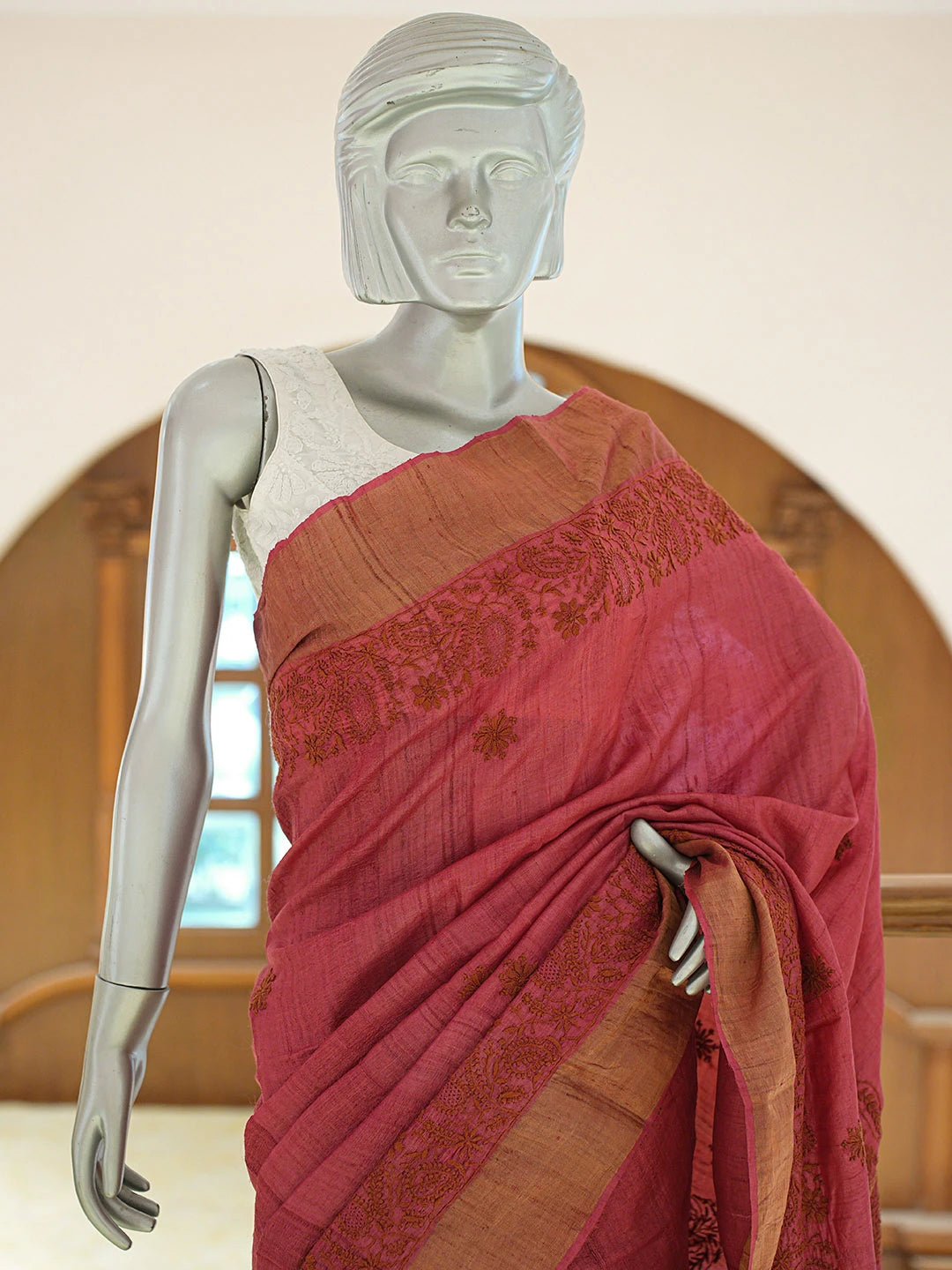 Ada Hand Embroidered Maroon Tussar Silk Lucknowi Chikankari Saree and Blouse 01A836805