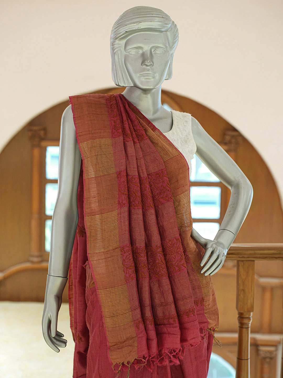 Ada Hand Embroidered Maroon Tussar Silk Lucknowi Chikankari Saree and Blouse 01A836805