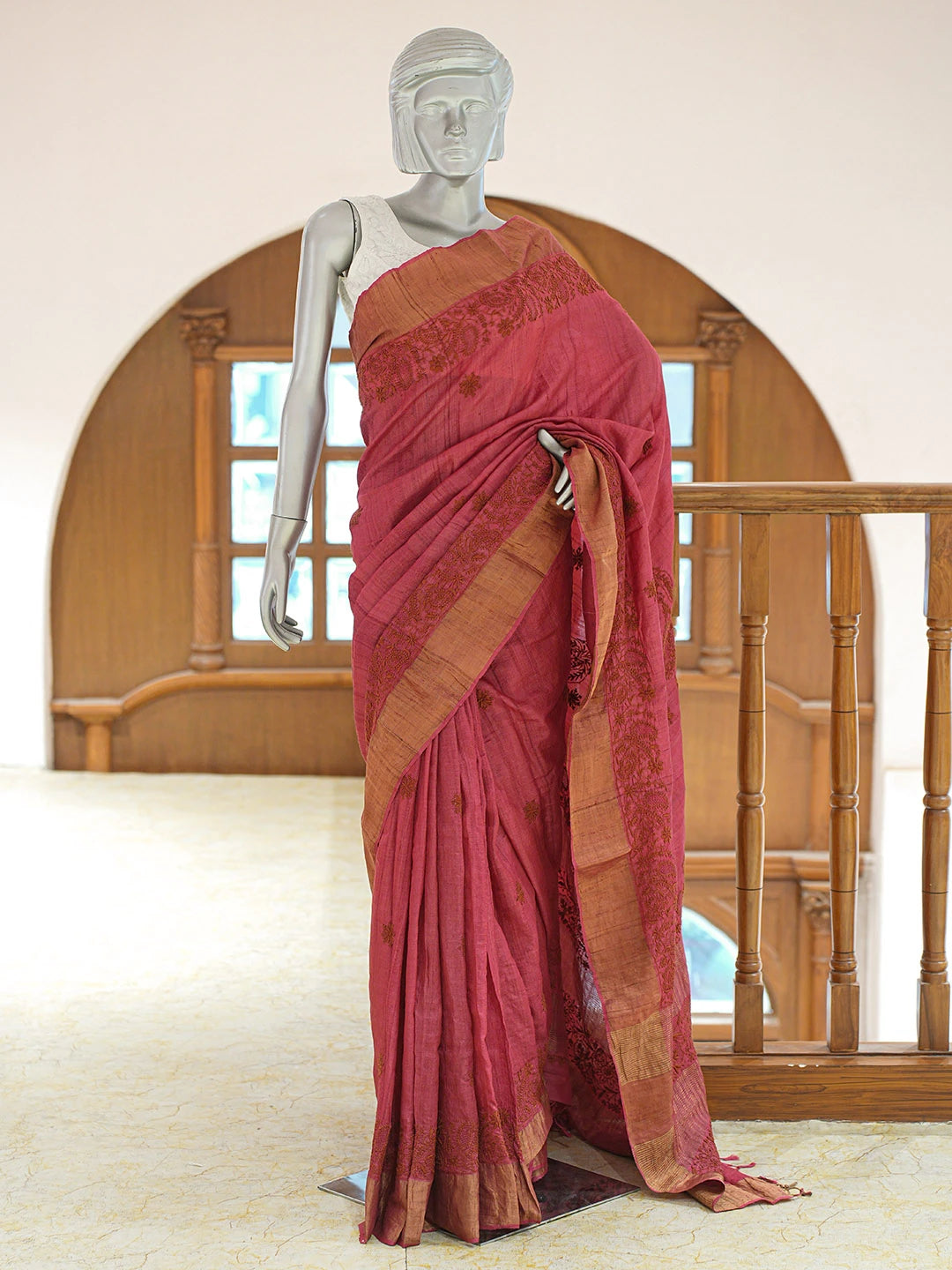 Ada Hand Embroidered Maroon Tussar Silk Lucknowi Chikankari Saree and Blouse 01A836805