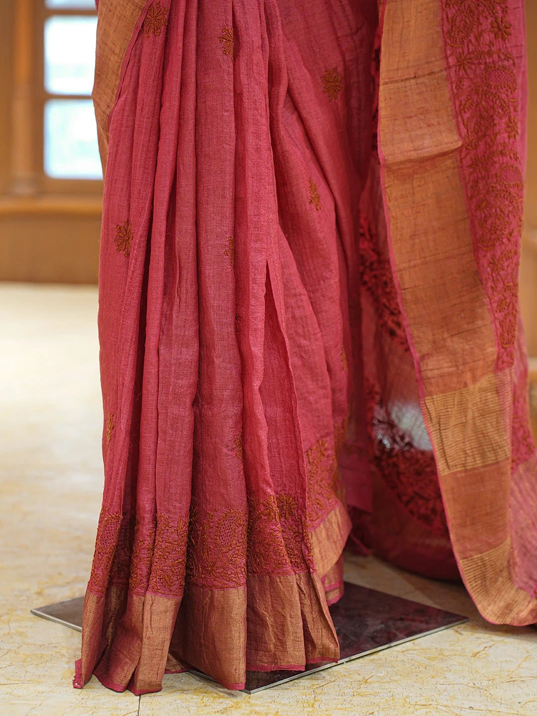 Ada Hand Embroidered Maroon Tussar Silk Lucknowi Chikankari Saree and Blouse 01A836805