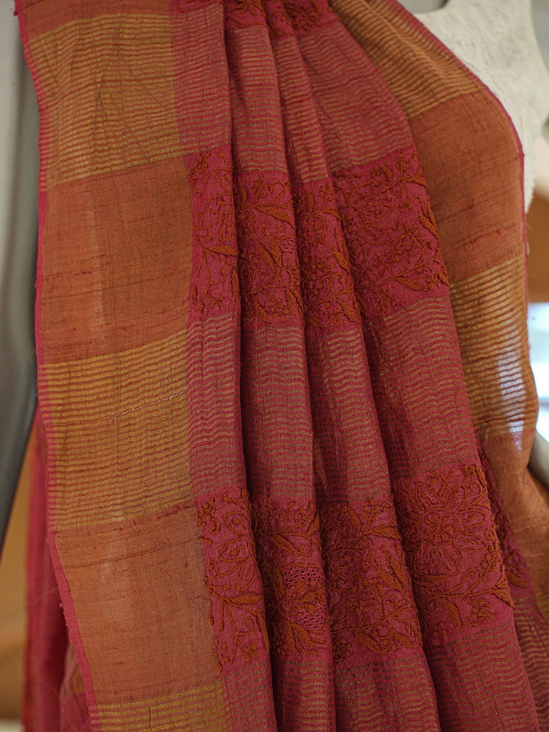 Ada Hand Embroidered Maroon Tussar Silk Lucknowi Chikankari Saree and Blouse 01A836805