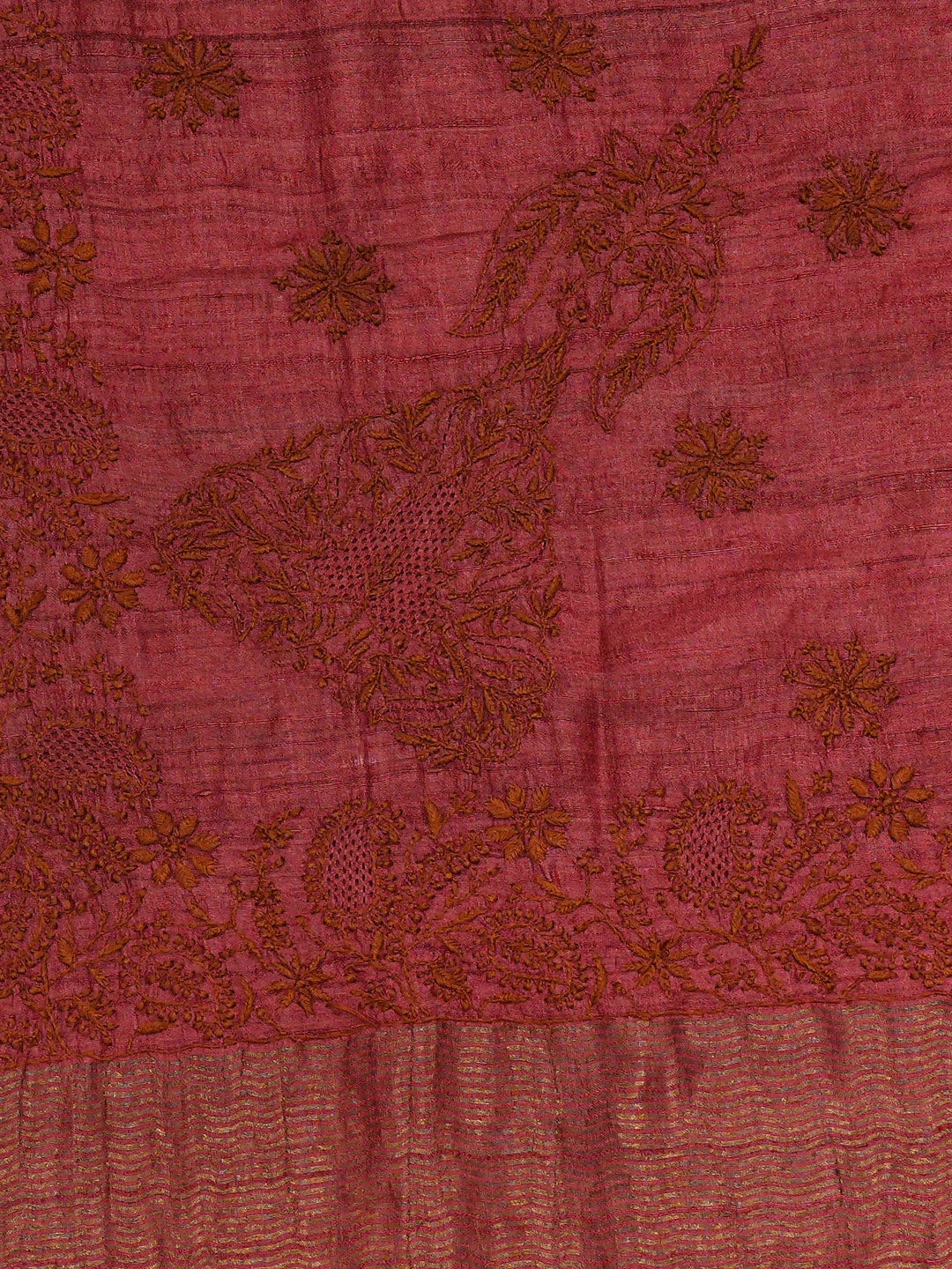 Ada Hand Embroidered Maroon Tussar Silk Lucknowi Chikankari Saree and Blouse 01A836805