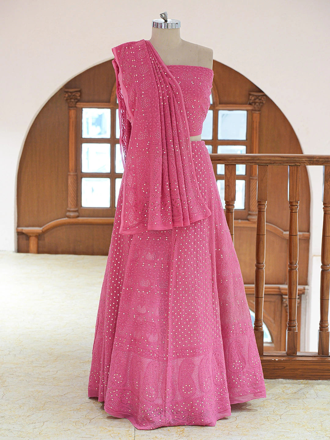 Ada Hand Embroidered Rose Pink Viscose Georgette Lucknowi Chikankari Lehenga Set With Mukaish Work 01A802185