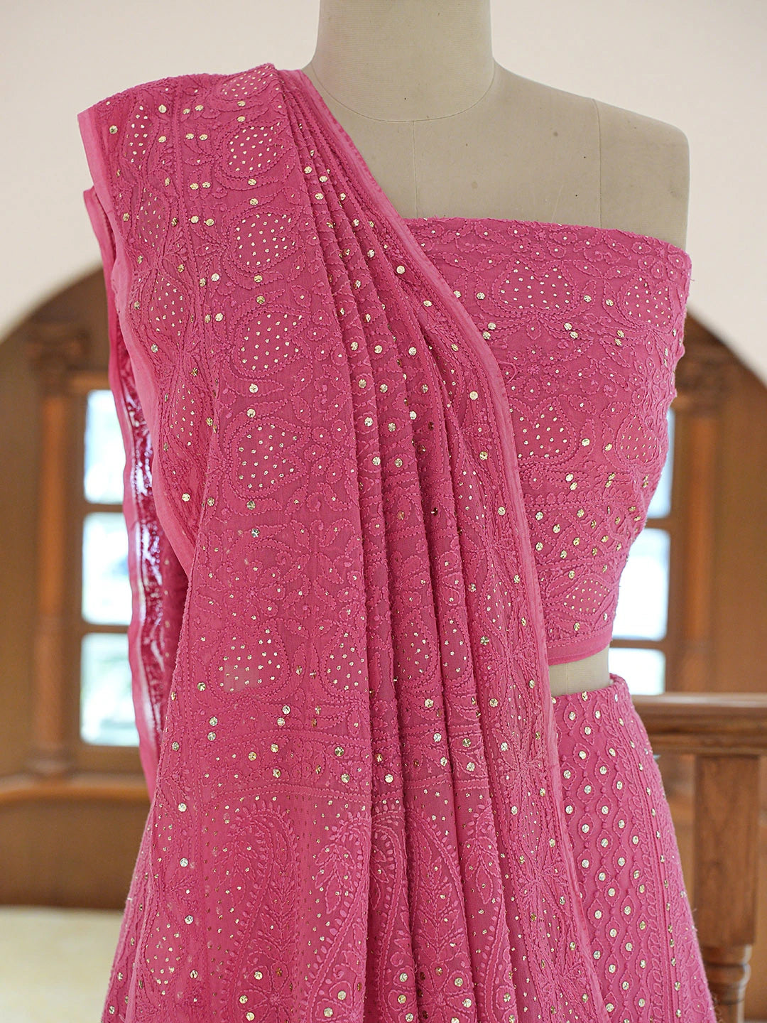 Ada Hand Embroidered Rose Pink Viscose Georgette Lucknowi Chikankari Lehenga Set With Mukaish Work 01A802185