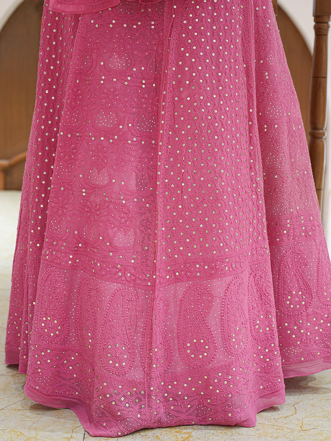 Ada Hand Embroidered Rose Pink Viscose Georgette Lucknowi Chikankari Lehenga Set With Mukaish Work 01A802185