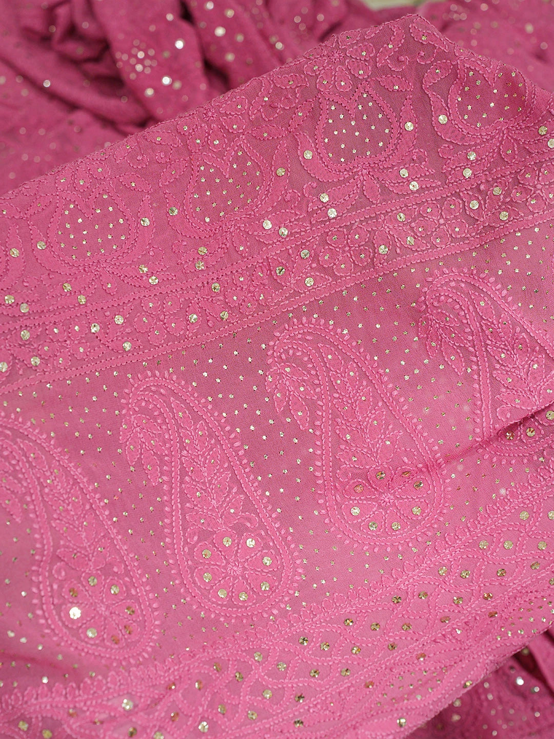Ada Hand Embroidered Rose Pink Viscose Georgette Lucknowi Chikankari Lehenga Set With Mukaish Work 01A802185