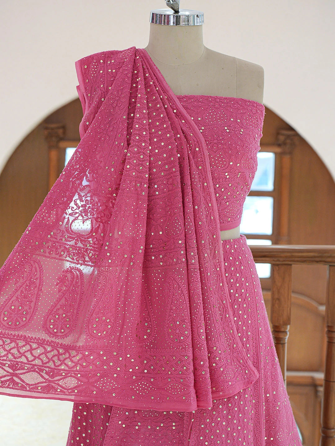 Ada Hand Embroidered Rose Pink Viscose Georgette Lucknowi Chikankari Lehenga Set With Mukaish Work 01A802185