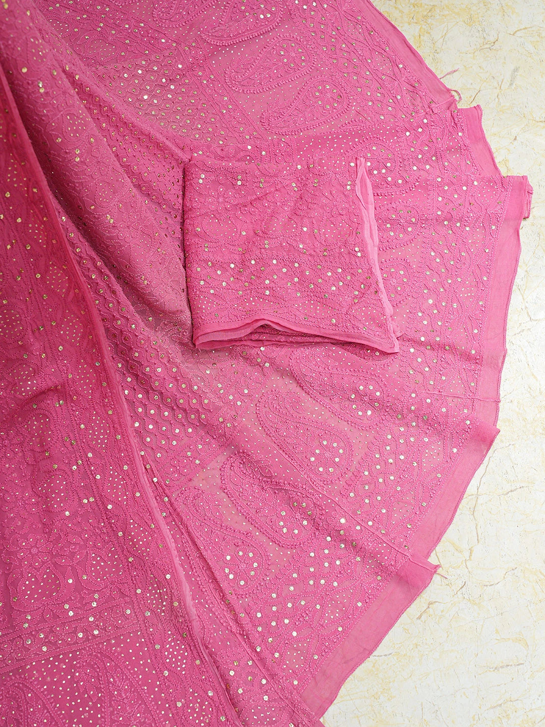 Ada Hand Embroidered Rose Pink Viscose Georgette Lucknowi Chikankari Lehenga Set With Mukaish Work 01A802185