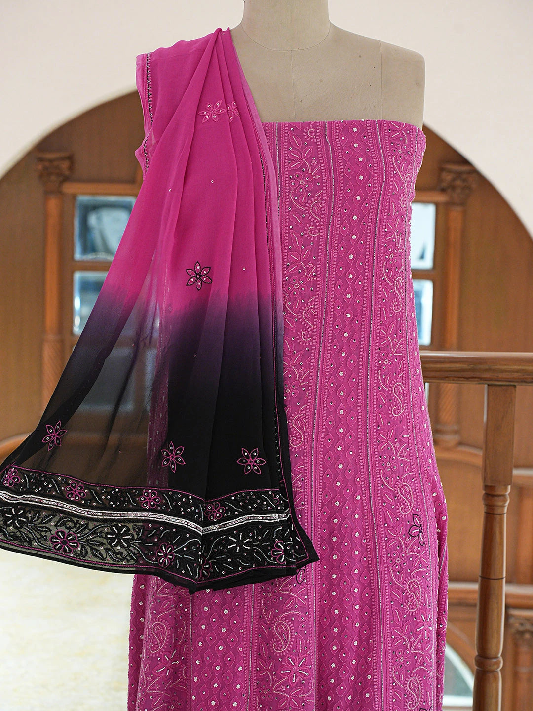 Ada Hand Embroidered Ombre Shade Of Violet  And Cerise Pink Viscose Georgette Lucknowi Chikankari Semi-Stitched Anarkali Kurta Dupatta Set With Cutdana Work 01A289678