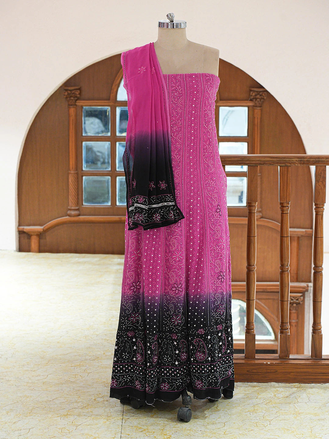 Ada Hand Embroidered Ombre Shade Of Violet  And Cerise Pink Viscose Georgette Lucknowi Chikankari Semi-Stitched Anarkali Kurta Dupatta Set With Cutdana Work 01A289678