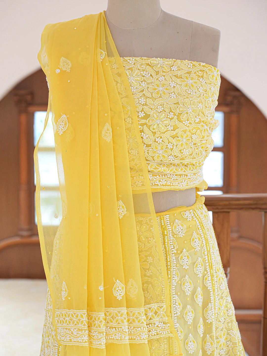 Ada Hand Embroidered Yellow Viscose Georgette Lucknowi Chikankari Lehenga Set With Cutdana Work 01A711034