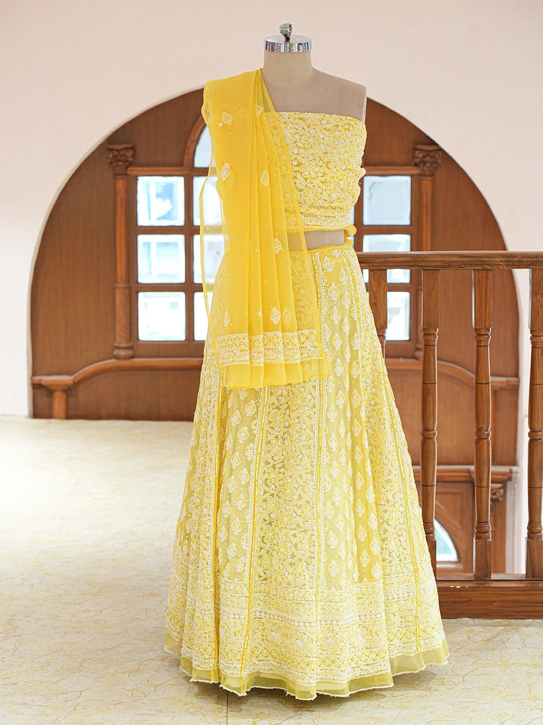Ada Hand Embroidered Yellow Viscose Georgette Lucknowi Chikankari Lehenga Set With Cutdana Work 01A711034