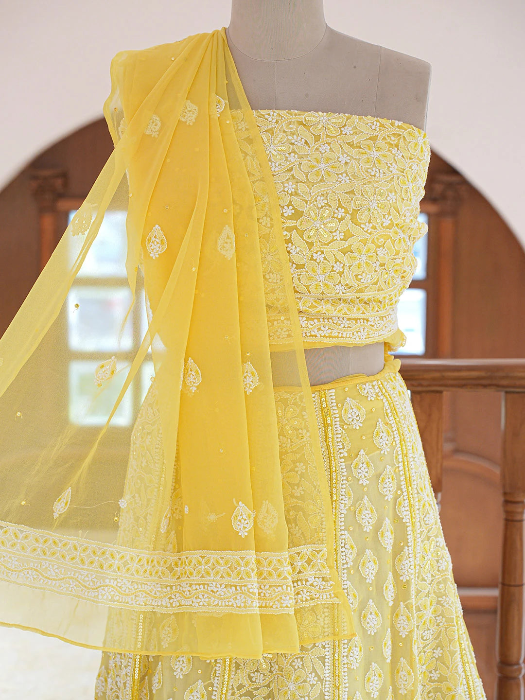Ada Hand Embroidered Yellow Viscose Georgette Lucknowi Chikankari Lehenga Set With Cutdana Work 01A711034