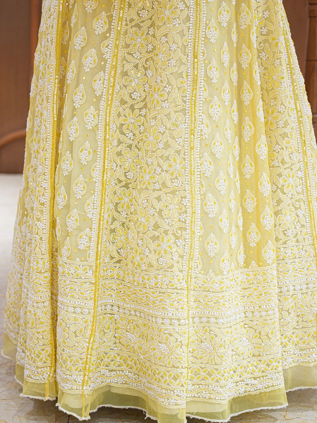 Ada Hand Embroidered Yellow Viscose Georgette Lucknowi Chikankari Lehenga Set With Cutdana Work 01A711034