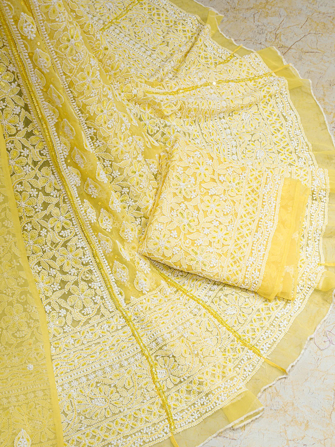 Ada Hand Embroidered Yellow Viscose Georgette Lucknowi Chikankari Lehenga Set With Cutdana Work 01A711034