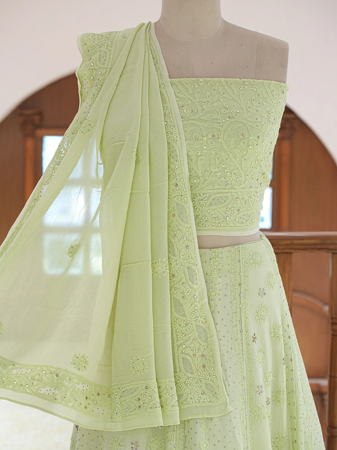 Ada Hand Embroidered Pistachio Green Viscose Georgette Lucknowi Chikankari Lehenga Set With Mukaish Work 01A546639