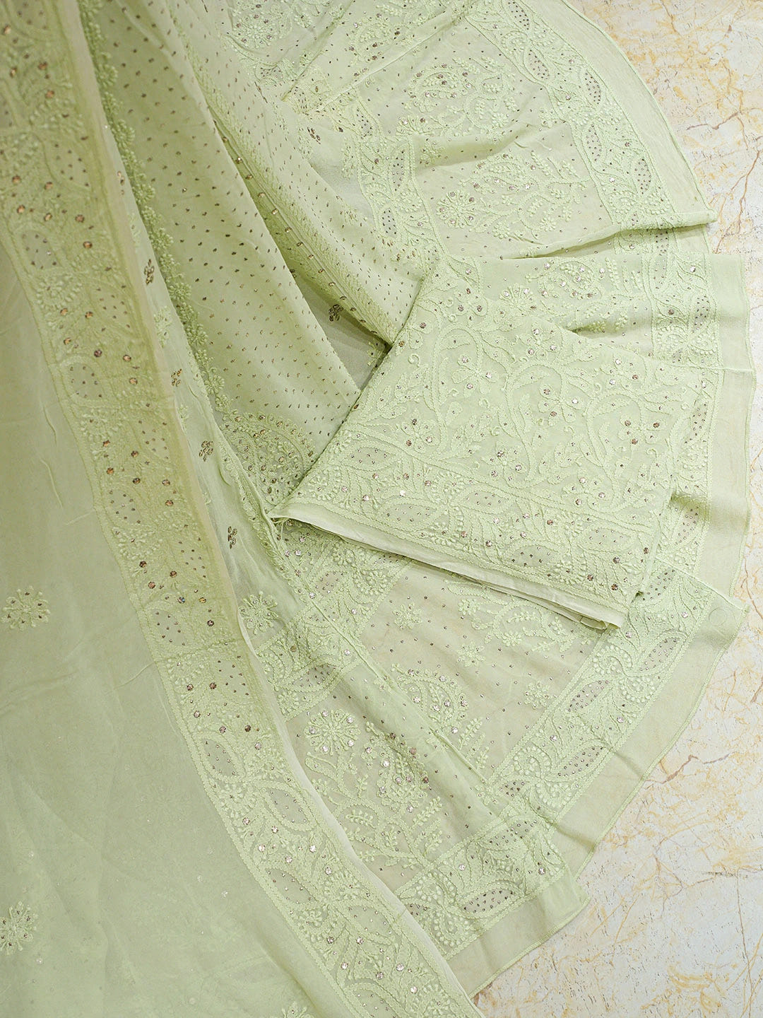 Ada Hand Embroidered Pistachio Green Viscose Georgette Lucknowi Chikankari Lehenga Set With Mukaish Work 01A546639