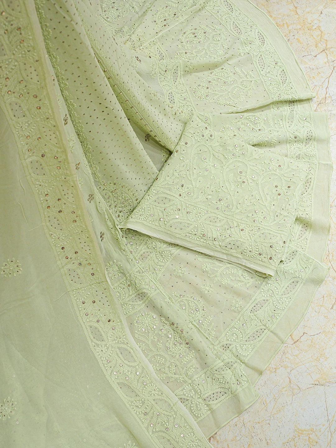 Ada Hand Embroidered Pistachio Green Viscose Georgette Lucknowi Chikankari Lehenga Set With Mukaish Work 01A546639