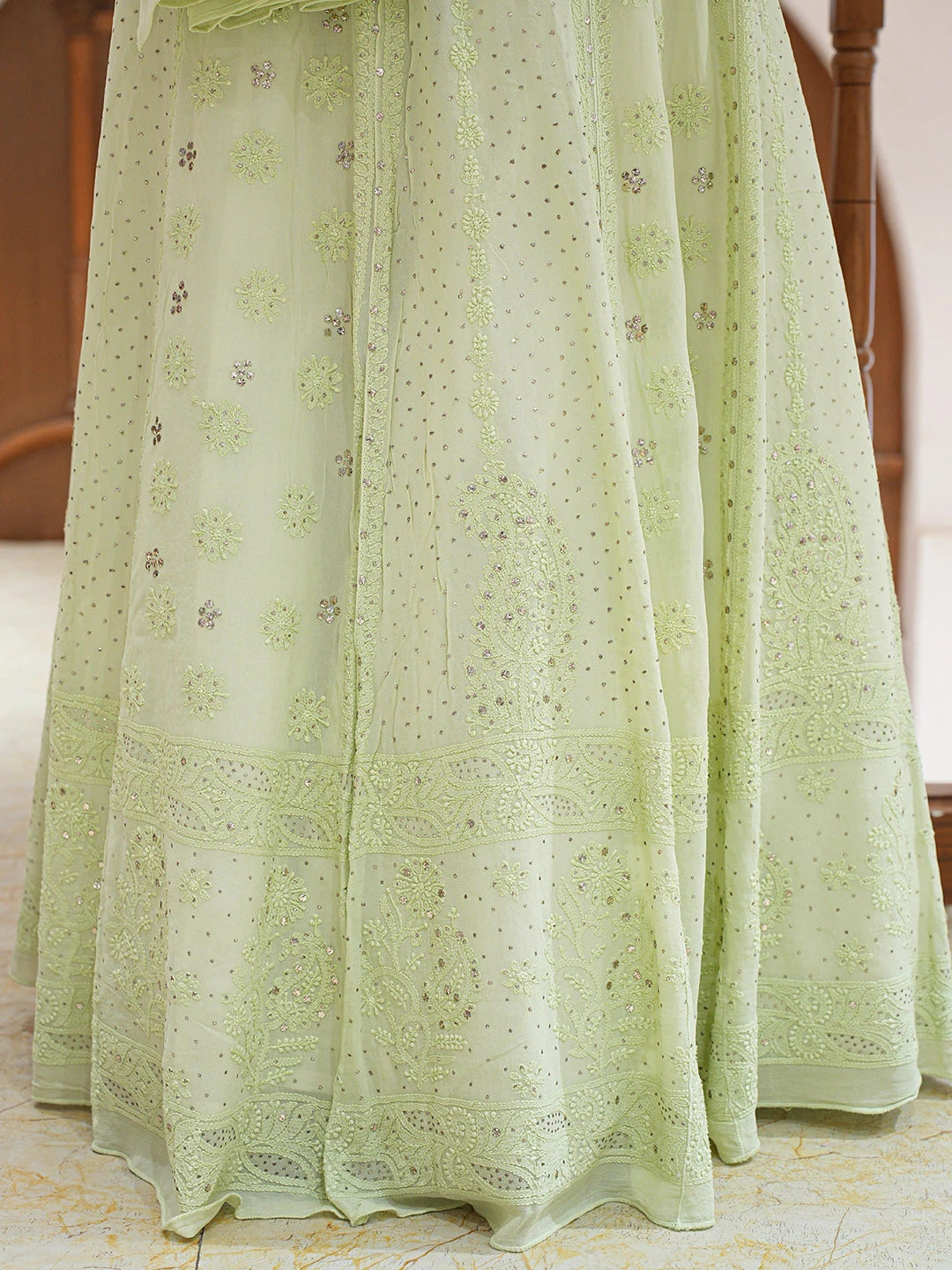 Ada Hand Embroidered Pistachio Green Viscose Georgette Lucknowi Chikankari Lehenga Set With Mukaish Work 01A546639